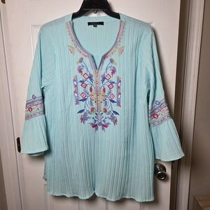 Calessa sz 3X floral embroidered blue tunic top boho peasant casual art to wear